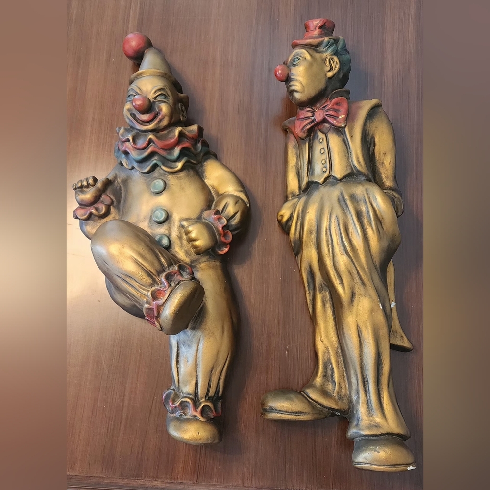 1960's Pair of Chalk Clowns Rare Wall Art 22" Hanging Nursery Brass Gold Read